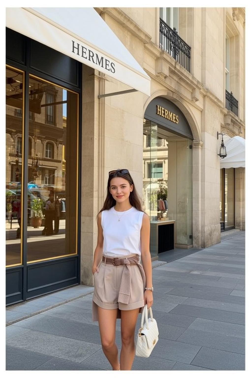 Hermes Store Facade Young Woman White Tee Beige Shorts
