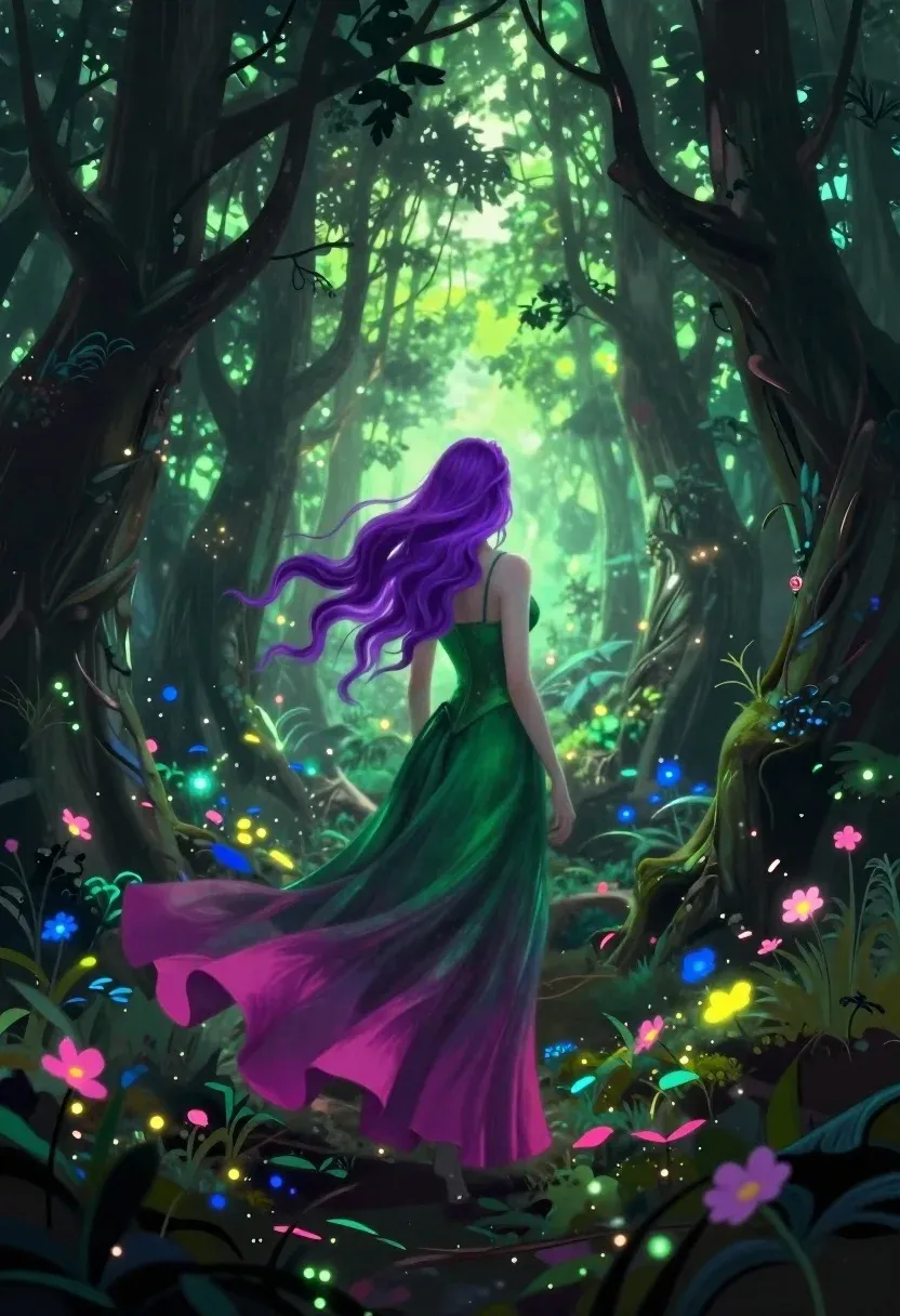 Digital Painting Mysterious Woman With Long Wavy Purple Hair Standing