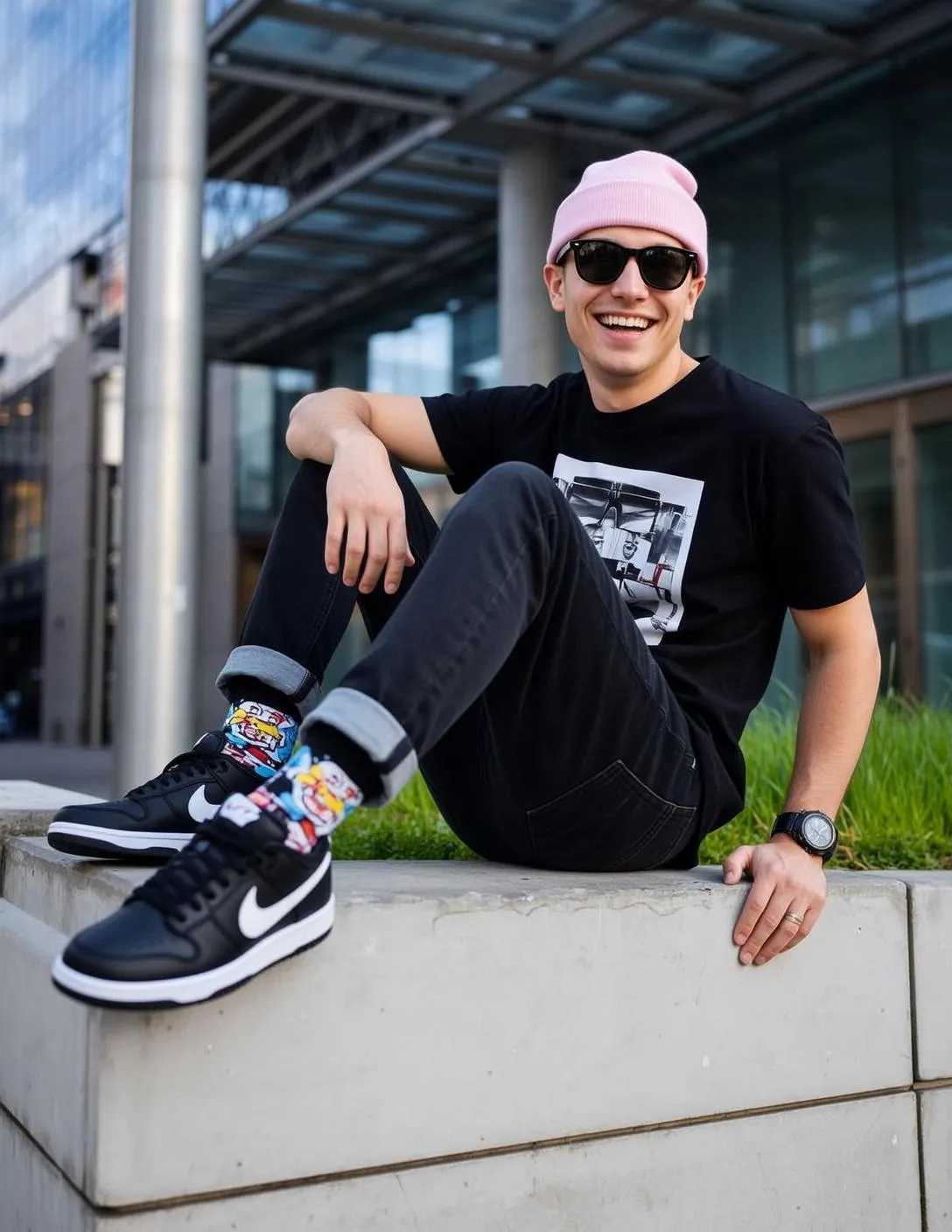 Sunglasses And Rings And Watch With Pink Beanie Portrait