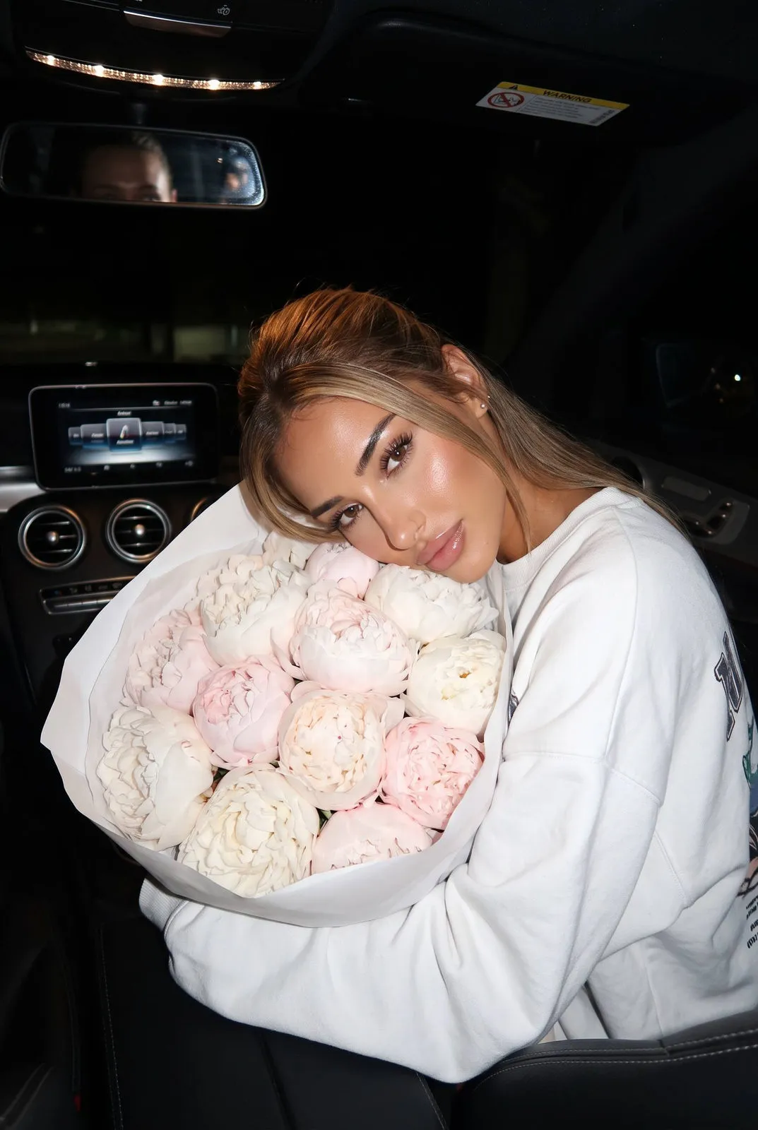Car Night Portrait With Peony Bouquet