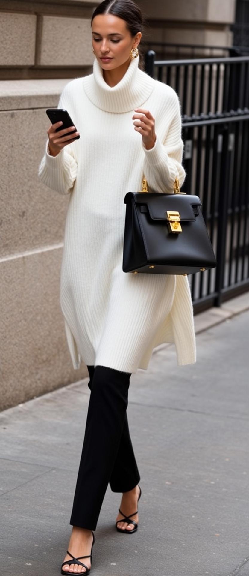 Walking City Street White Turtleneck Black Handbag
