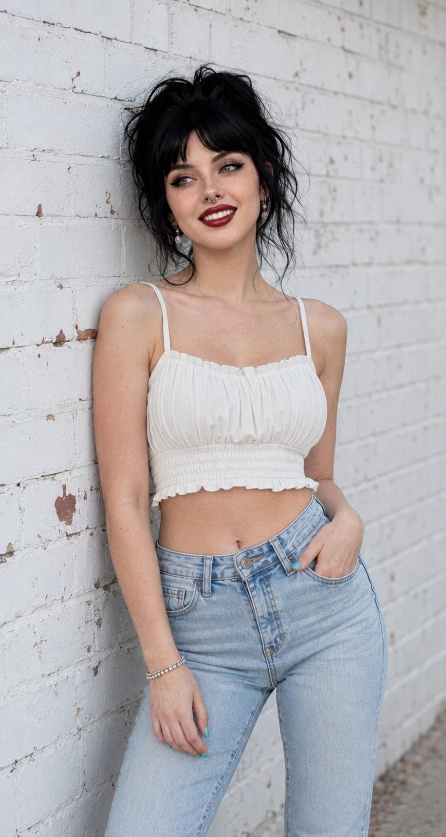 Leans Against White Brick Wall Body Angled Slightly