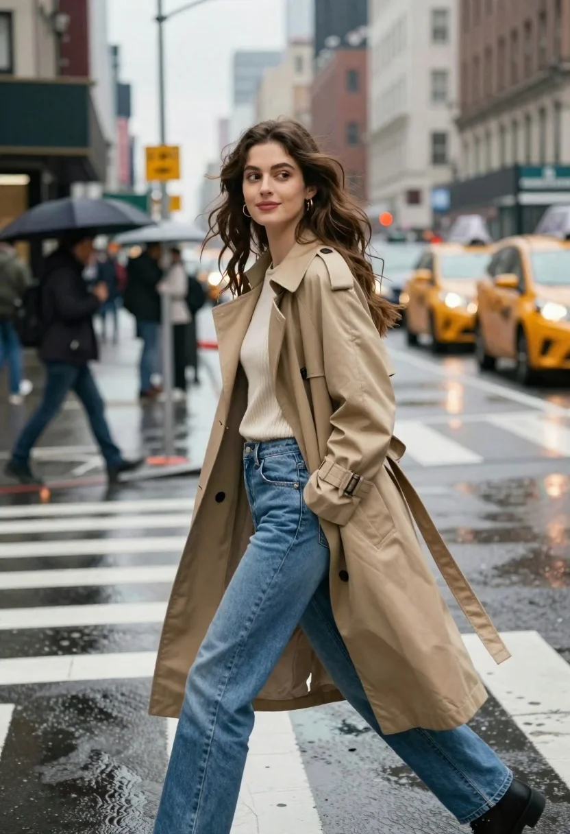 A confident young woman with long wavy brown hair walks across a wet city street, glancing back over her shoulder.