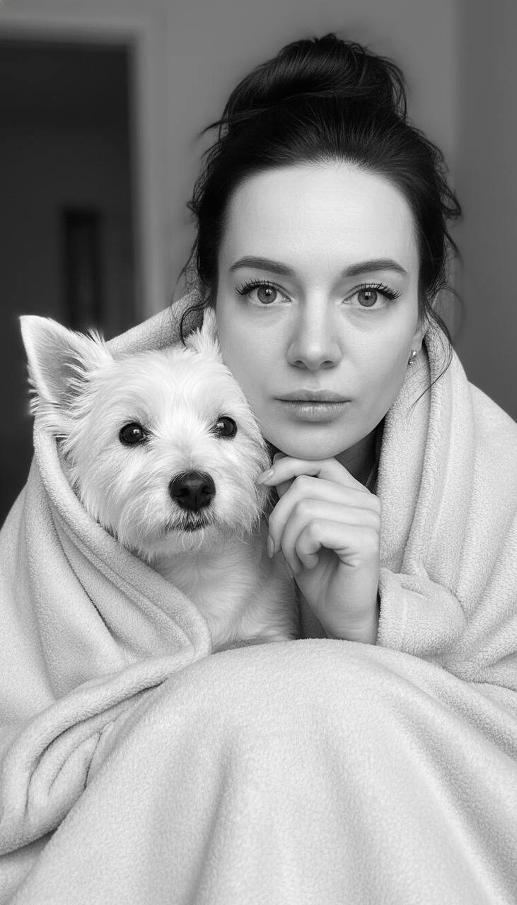 A woman with delicate facial features and a fluffy West Highland Terrier under a gray blanket, conveying warmth.