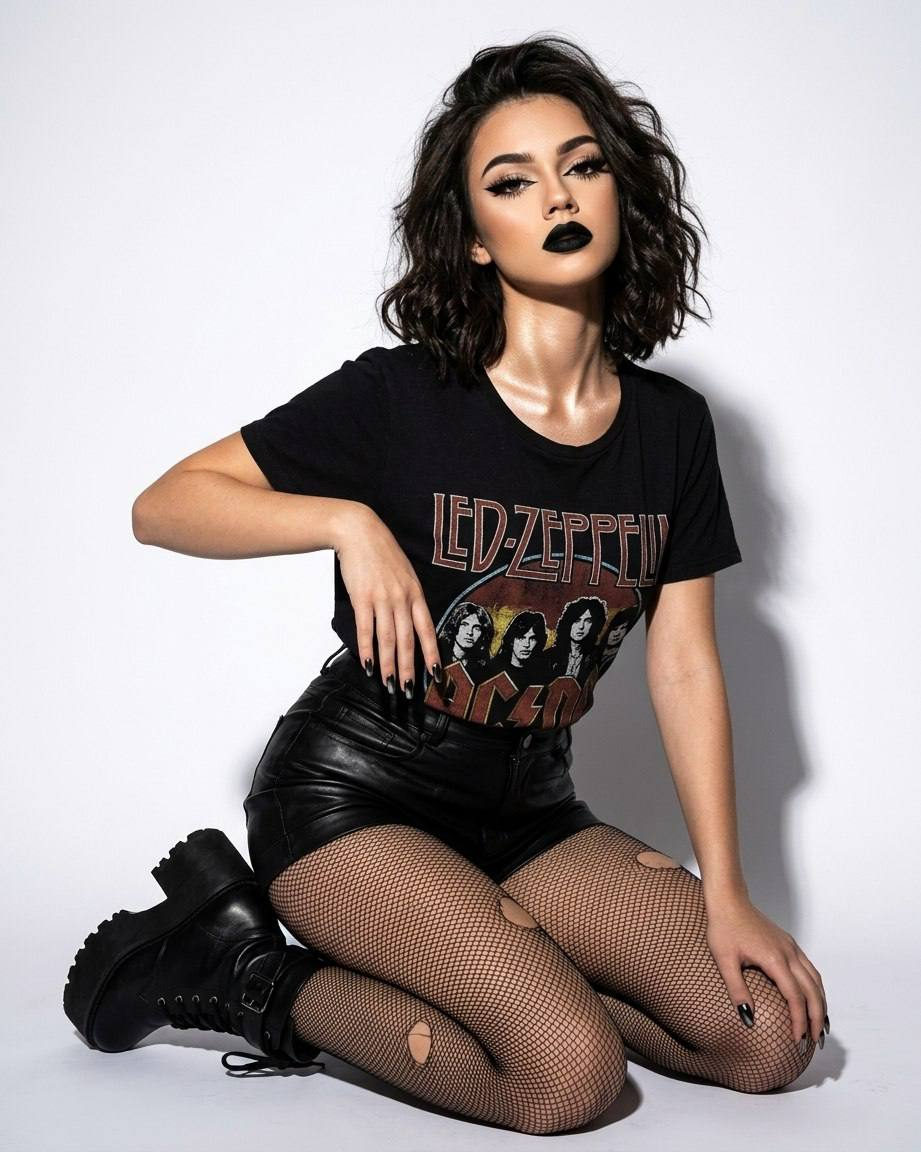 A girl in black leather shorts and fishnet tights poses confidently, showcasing bold makeup and styled hair in a bright studio.