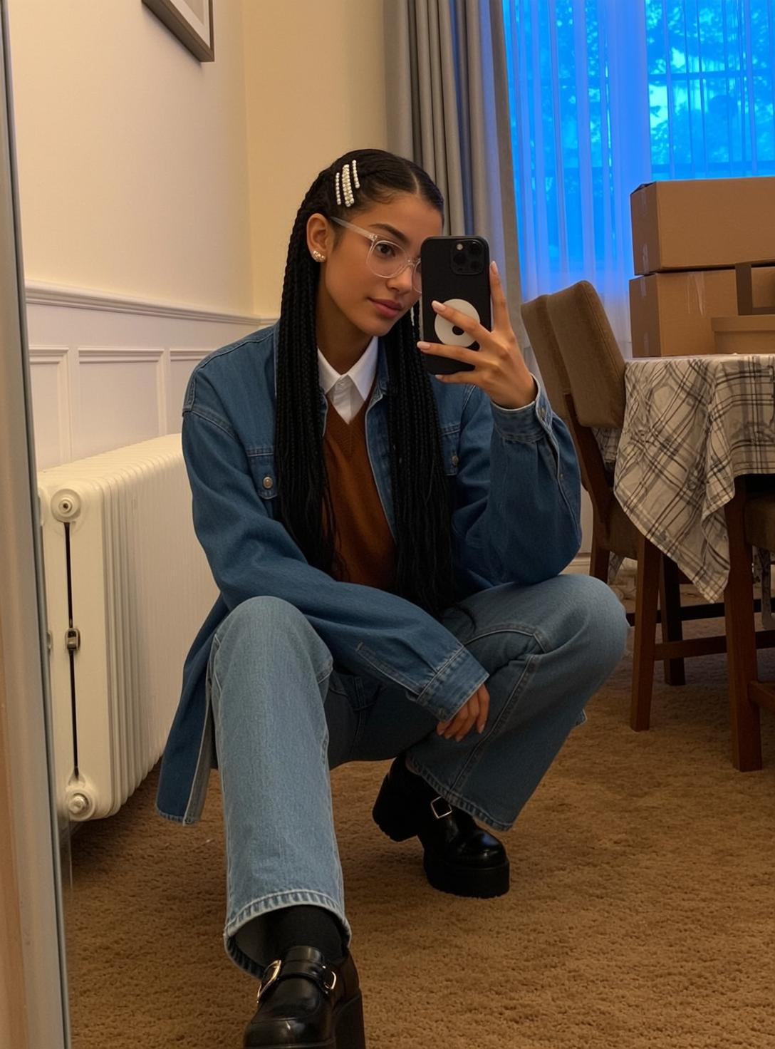 Denim Jacket Loafers Mirror Selfie