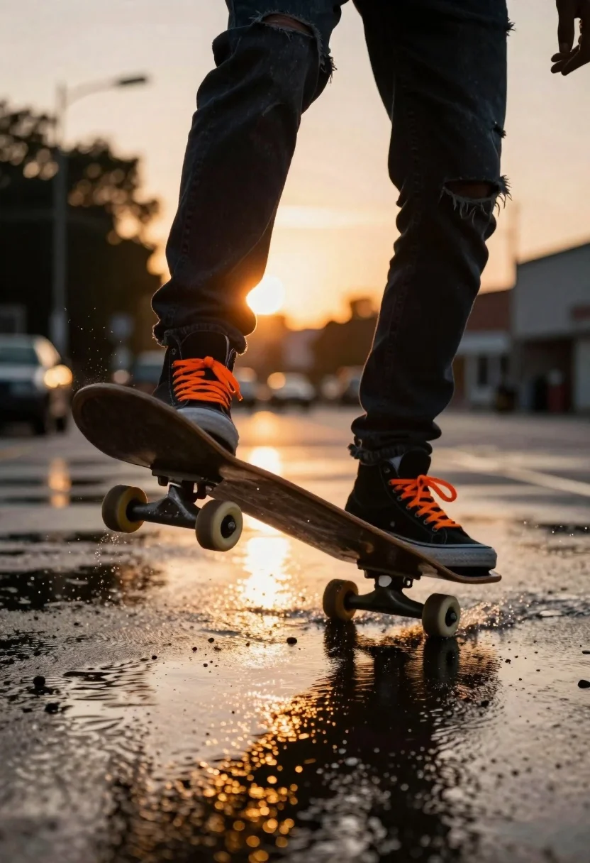 Photorealistic Low-angle Shot Capturing Skateboard Mid-action Over Wet Pavement Sunset reference photo
