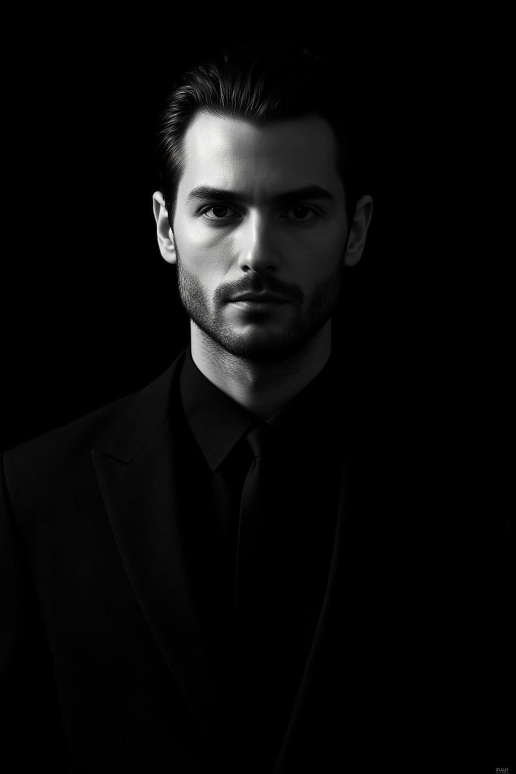 Photorealistic Black And White Medium Shot Portrait Handsome Man With