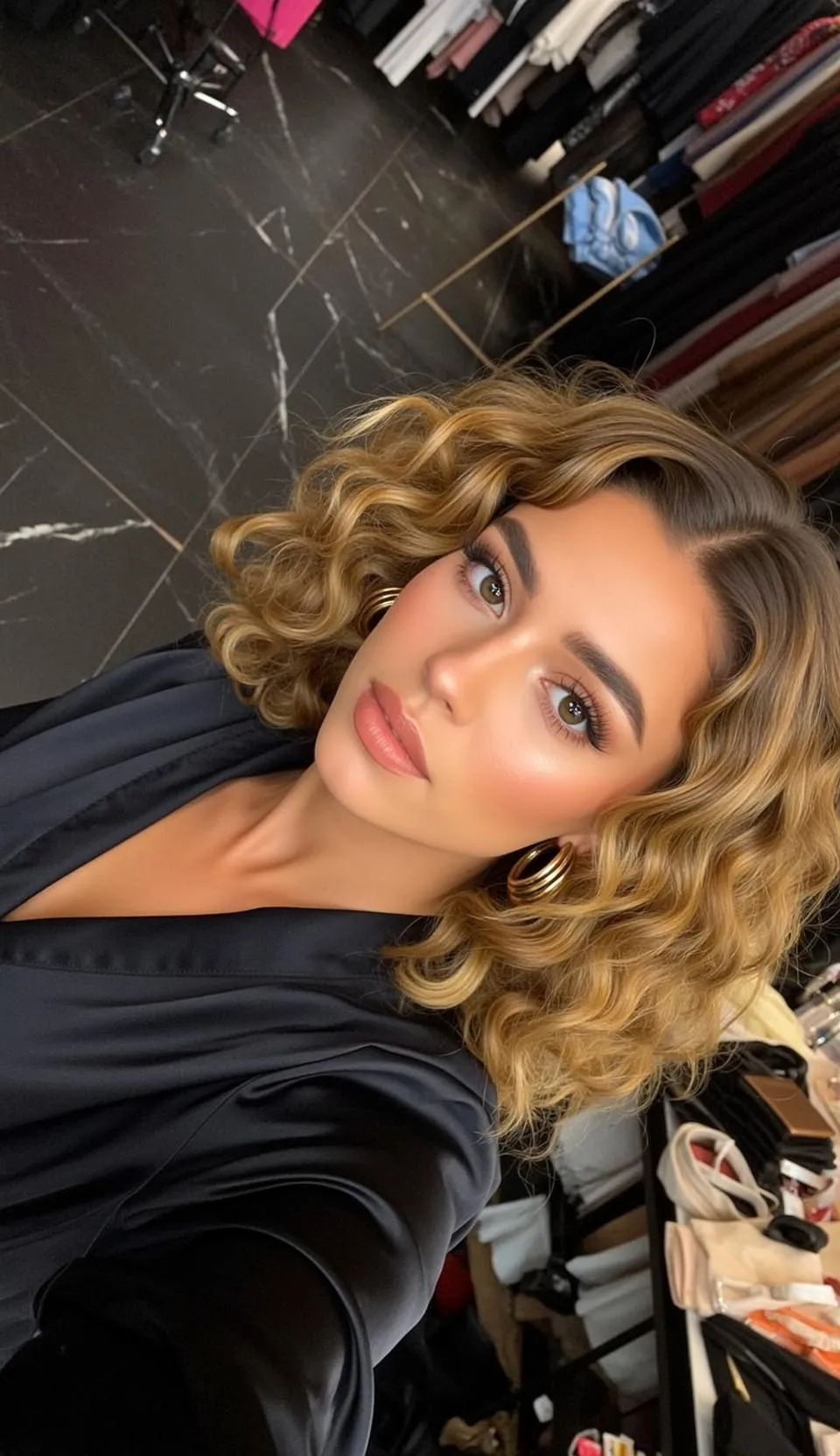 Blonde Woman Black Silk Robe Gold Hoops Dressing Room Selfie