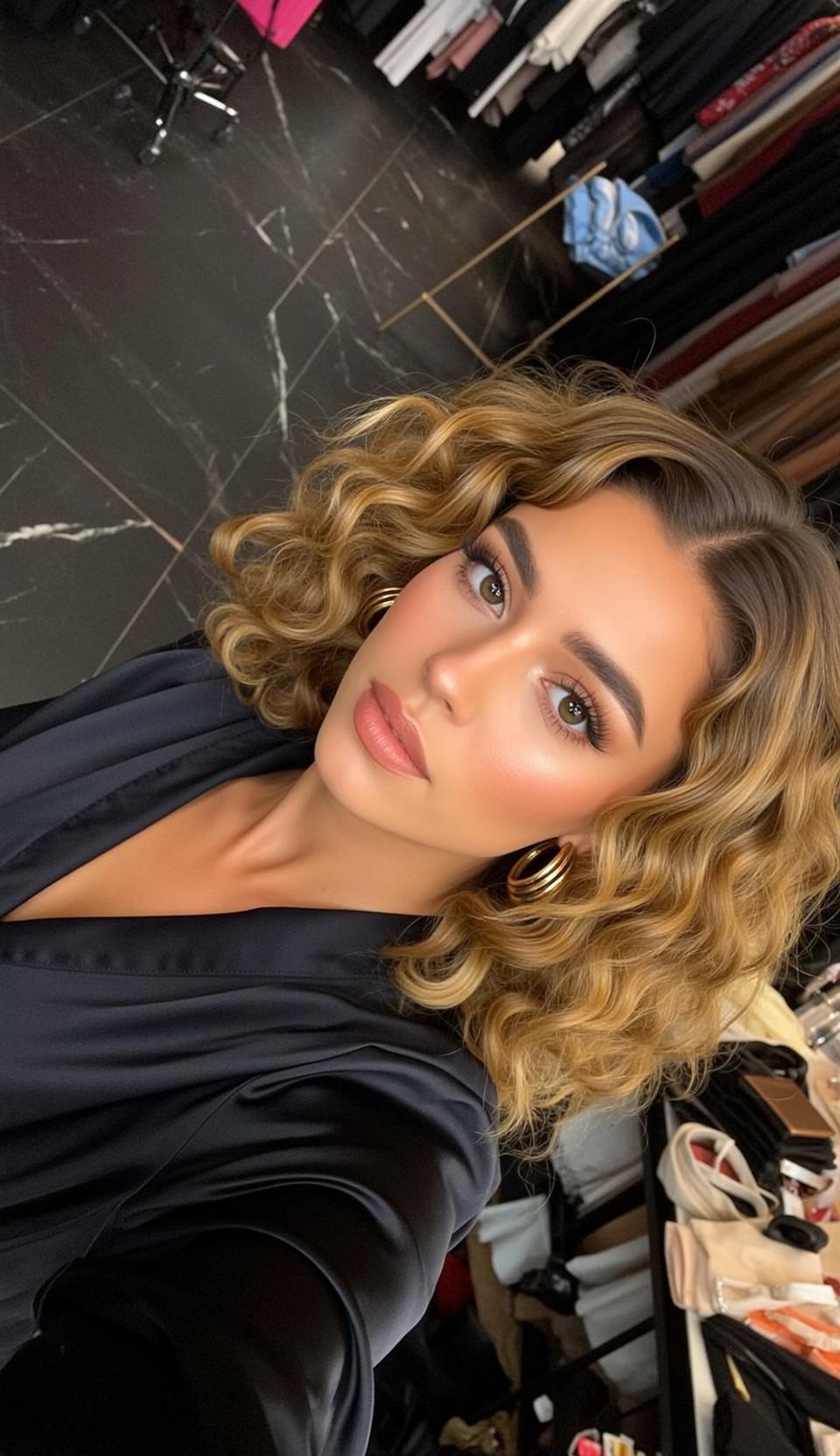 Blonde Woman Black Silk Robe Gold Hoops Dressing Room Selfie