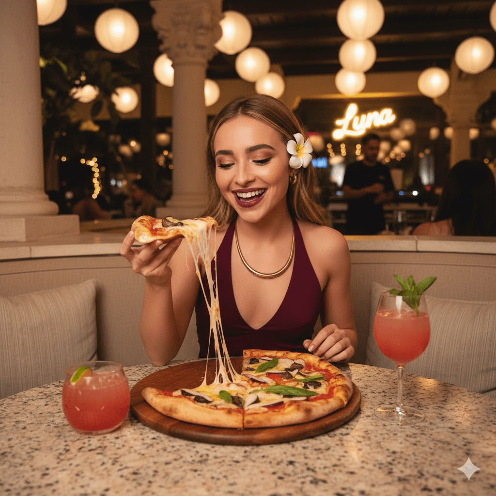 Eating Pizza At Outdoor Restaurant Table