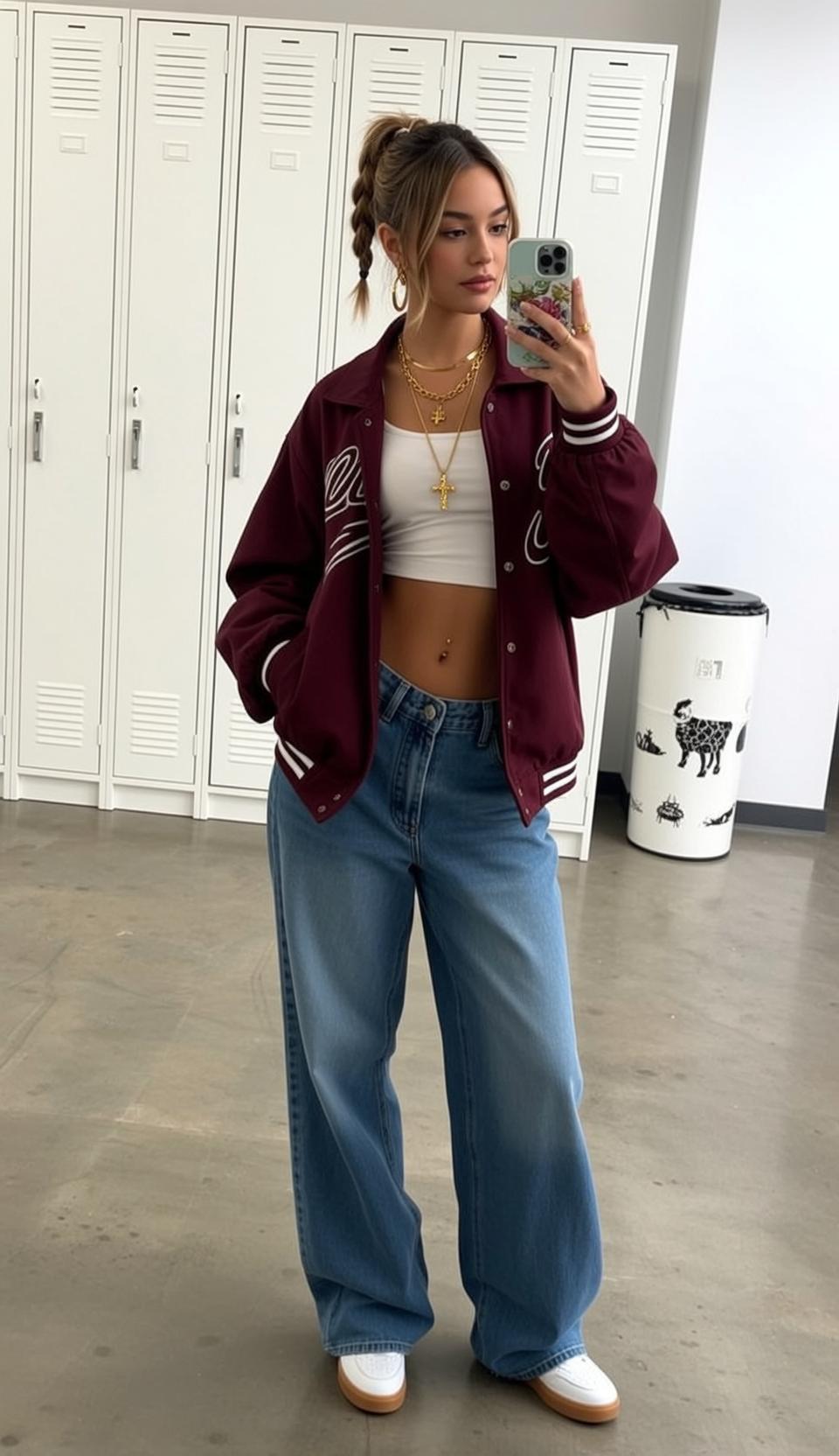 Blonde Woman School Hallway White Crop Top Jeans Bomber Jacket
