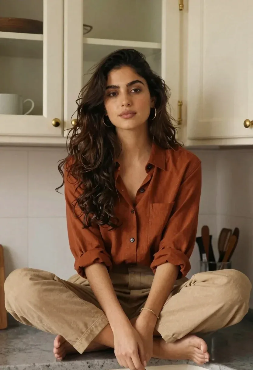 Young Woman With Long Wavy Dark Hair Sits Cross-legged Kitchen