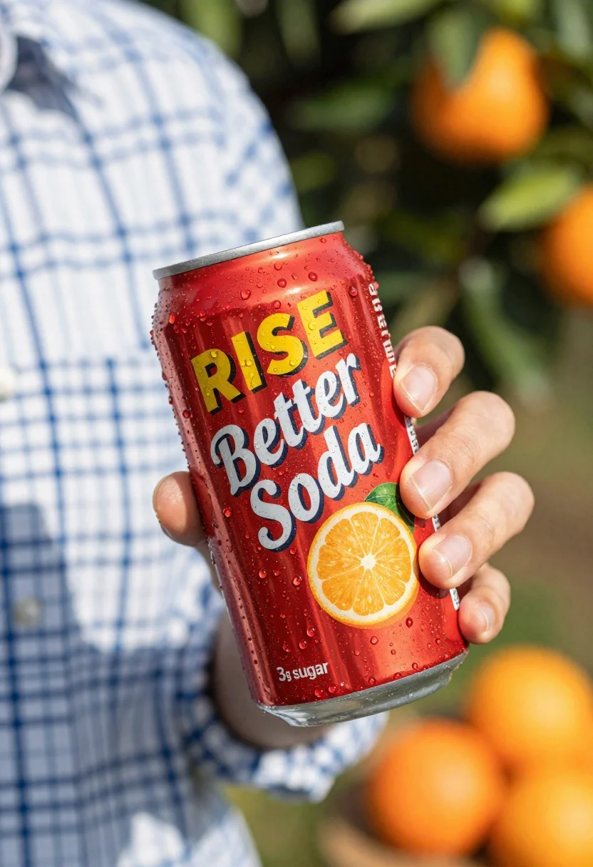 A close-up shot of a hand holding a red soda can with condensation droplets, set against a blurred background.
