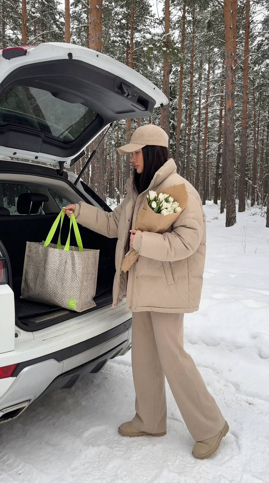 A woman in a beige padded jacket gracefully pulls a neon green shopping bag from an SUV trunk amidst a snowy landscape.