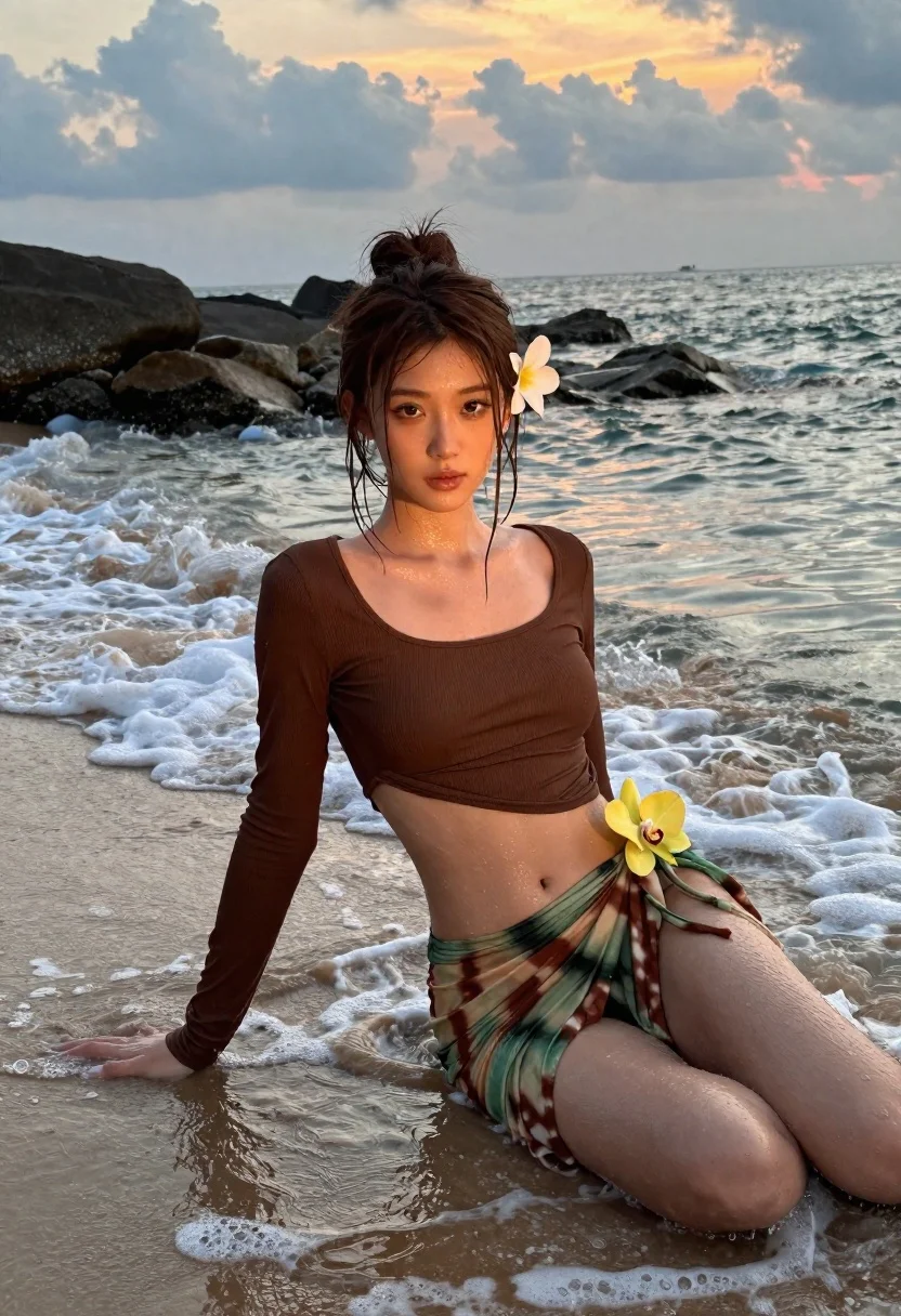 Young Woman Sits Shallow Ocean Water Sunset With White Flower