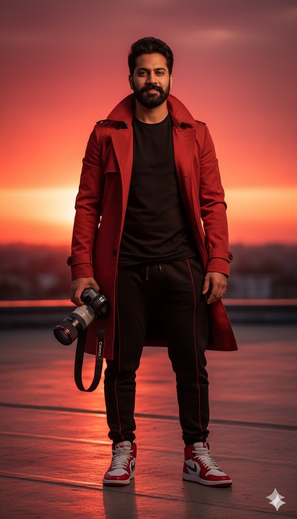 A rooftop portrait of a man under a vibrant sunset, wearing a rust-red trench coat, black joggers, and white-red sneakers with a Canon camera in hand.