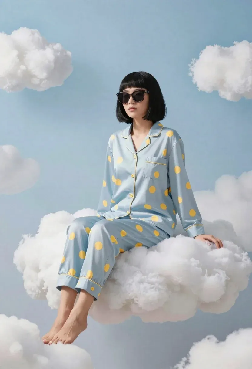 Dreamy Surreal Scene Woman Sitting Atop Fluffy White Clouds Against