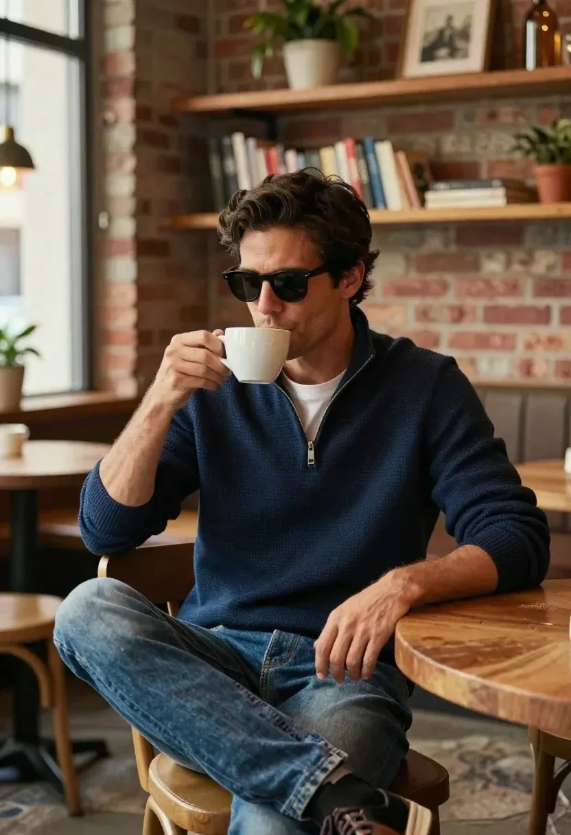 Man Sits Wooden Table Cozy Cafe Holding White Coffee Cup