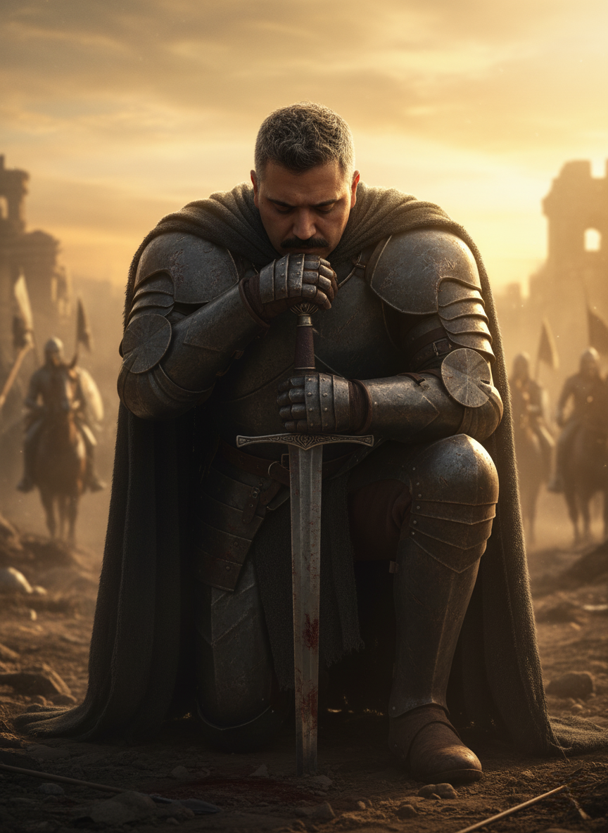 A solemn man kneeling, forehead on a medieval sword, shrouded in dramatic golden light and shadows.