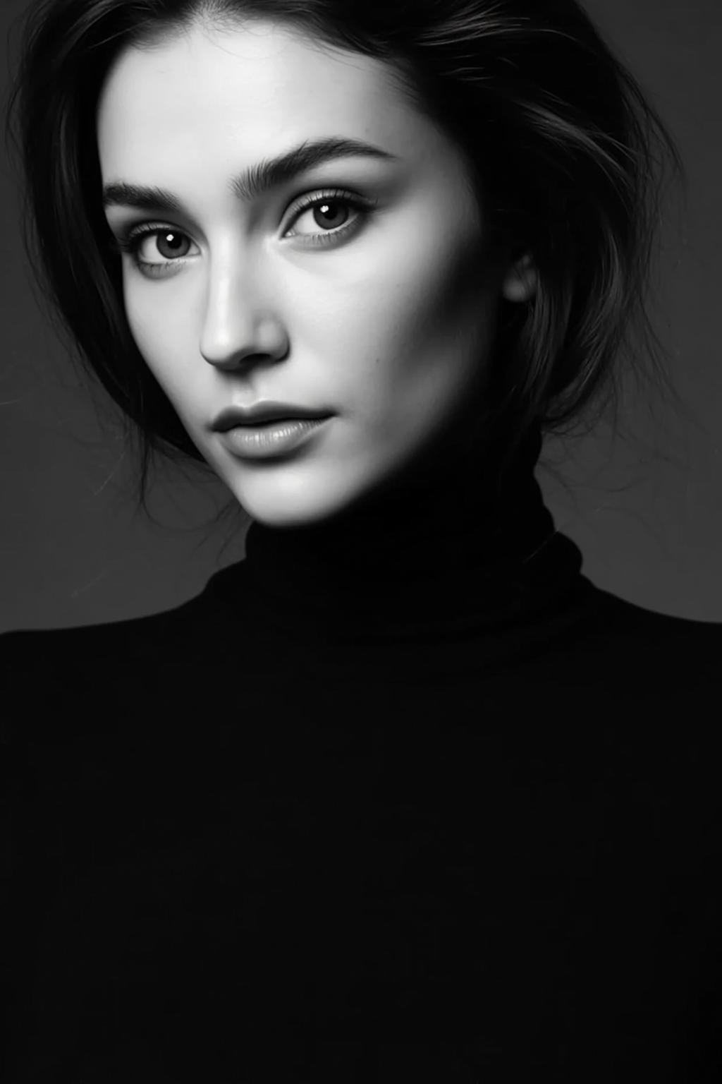 Medium Close-up Black And White Portrait Young Woman With Neutral
