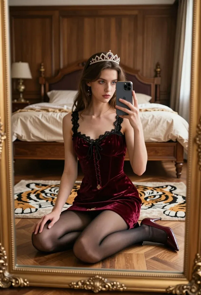Young Woman With Long Brown Hair Sits Cross-legged Wooden Floor