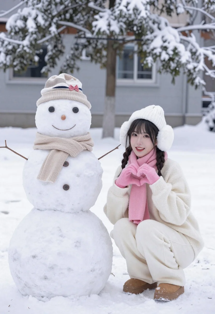 Young Woman Crouching The Snow Next Snowman Subject Smiling Young