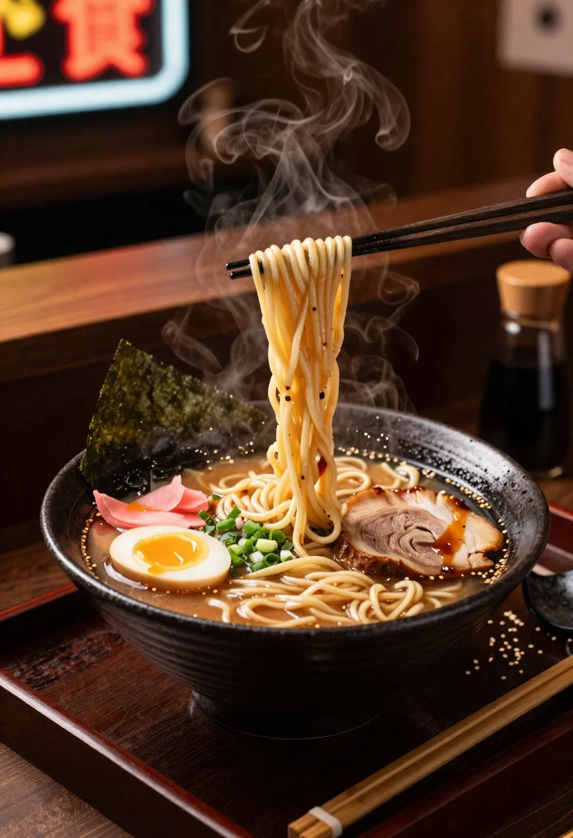 Food Photography Shot Steaming Ramen Bowl With Rich Umami Broth reference photo