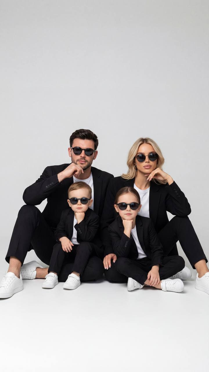A realistic studio family portrait of four people sitting on the floor, dressed in classic suits with round sunglasses on a light gray background.