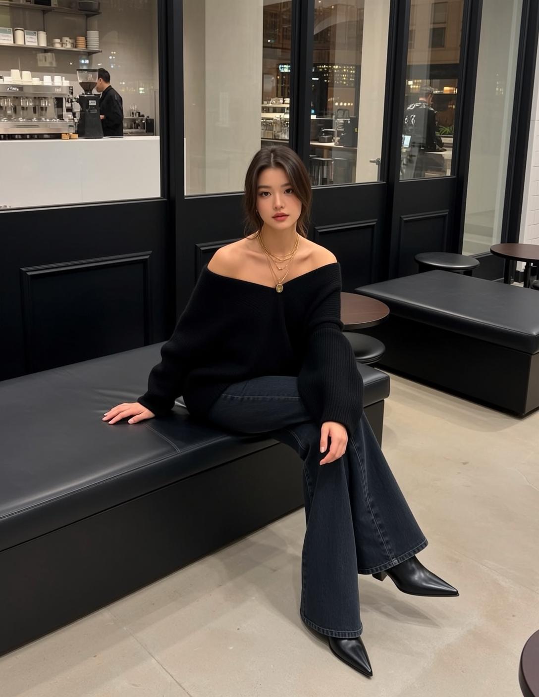 Black Sweater Cafe Bench