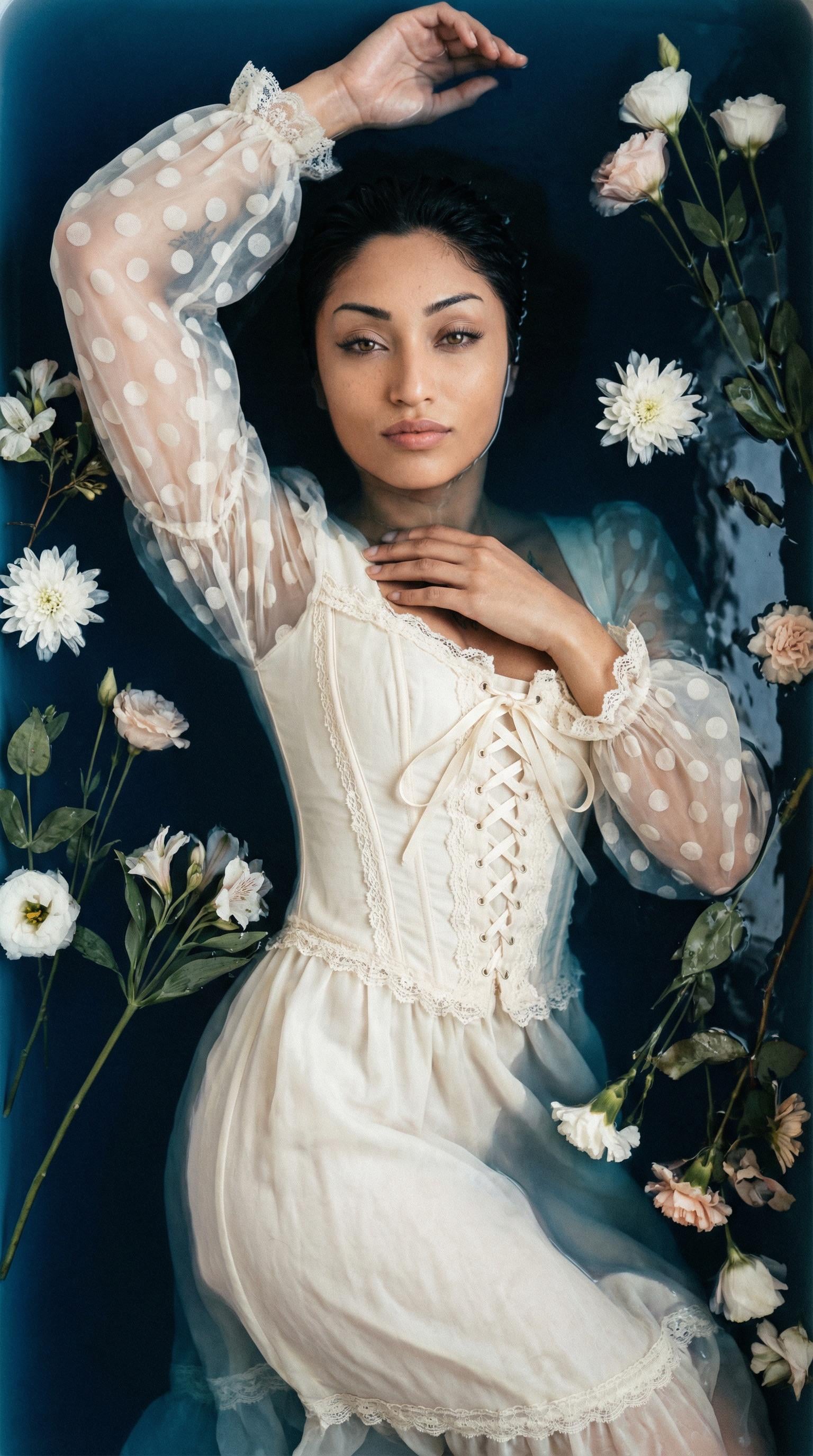 Flowers In Dark Blue Bath Cream Corset Dress