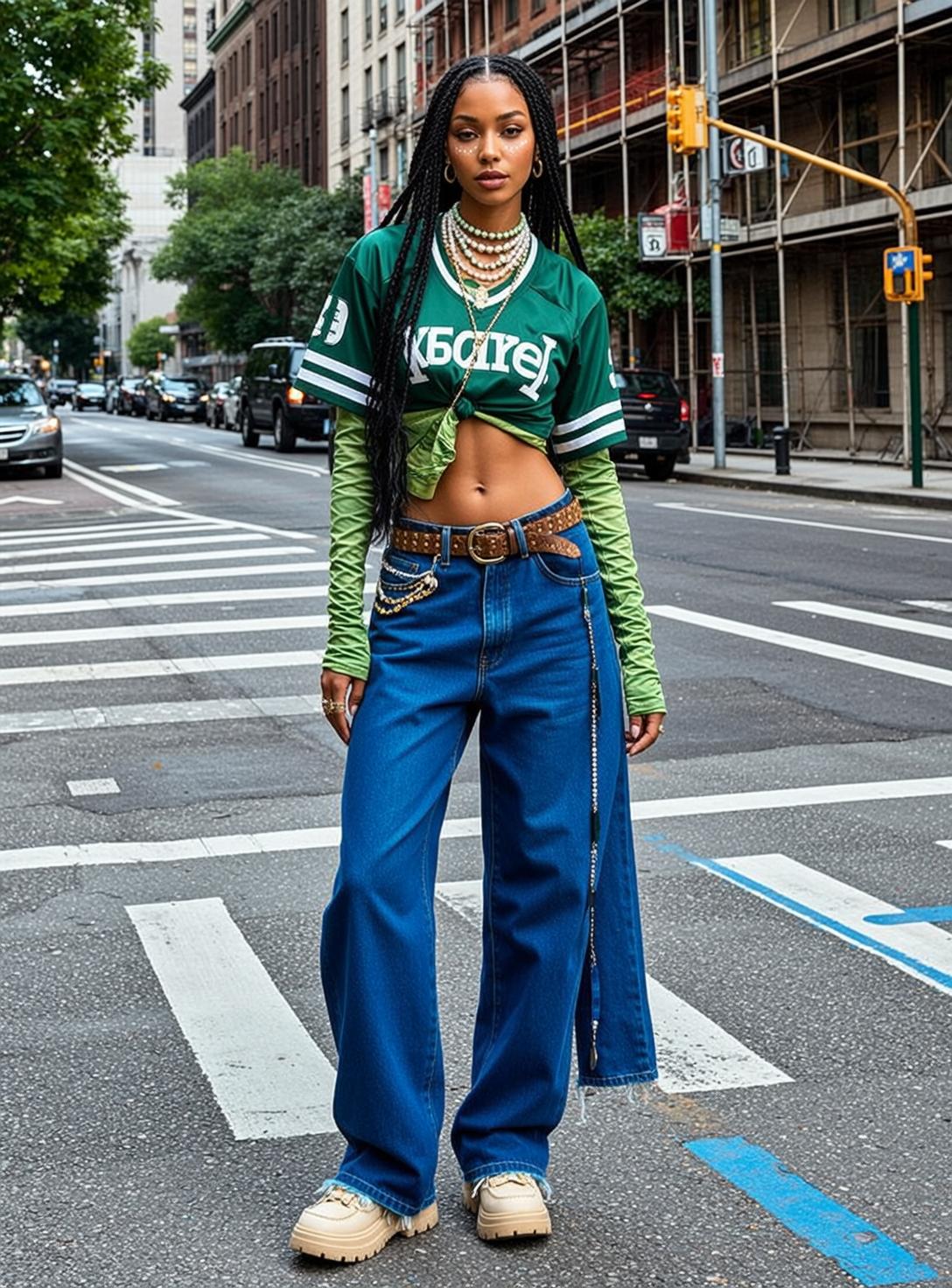 City Street Green Jersey Blue Jeans Pearl Necklaces