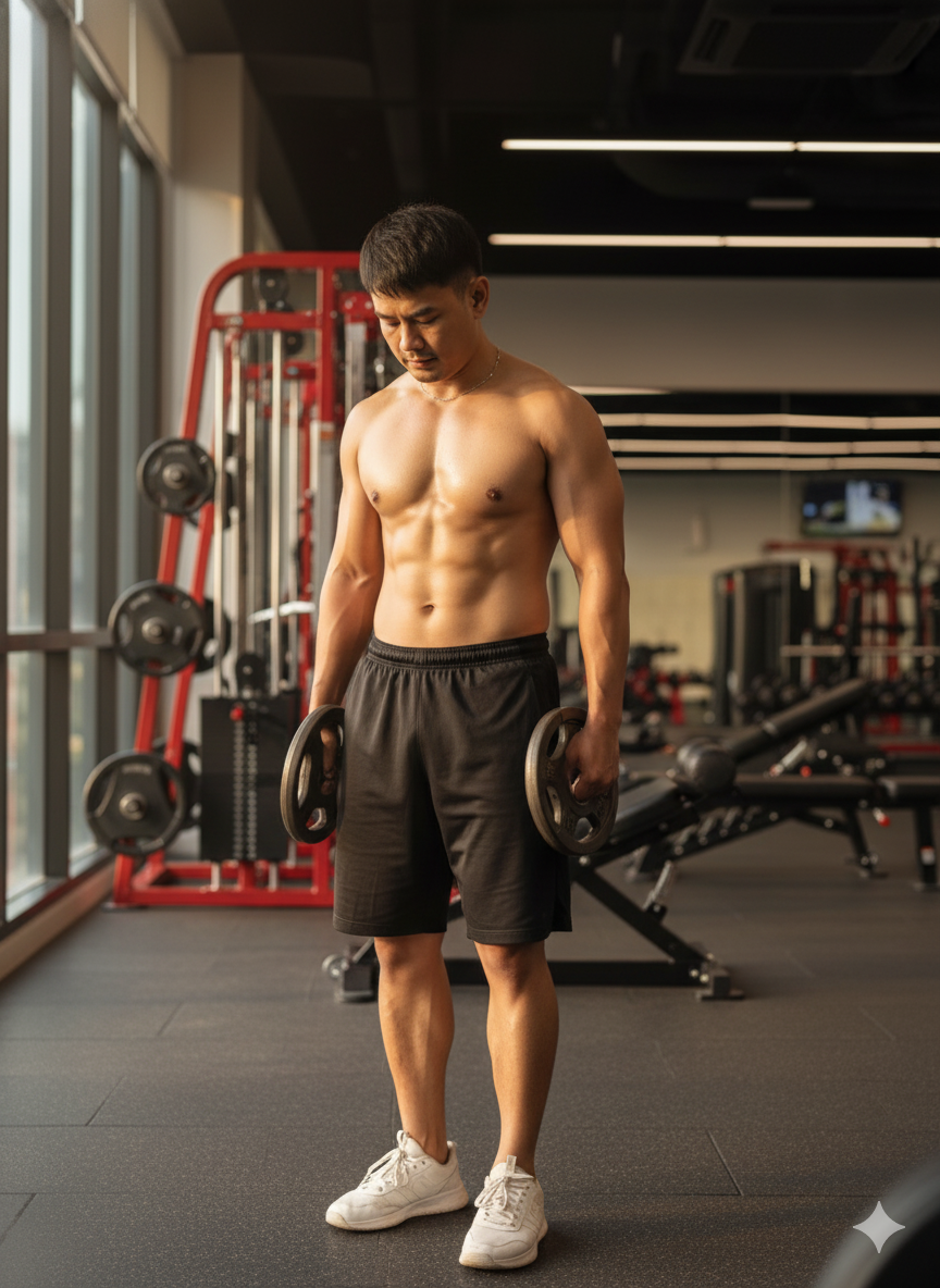 A shirtless athletic man stands in a modern gym, holding weight plates, with a calm focused expression and warm daylight illuminating his muscular physique.