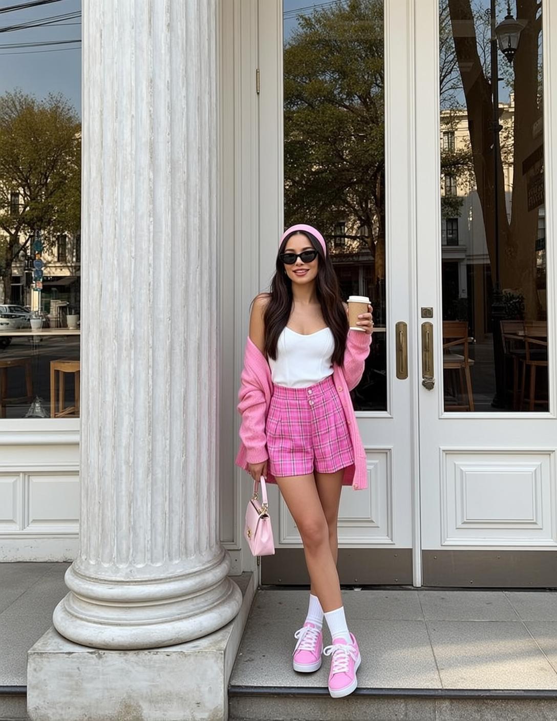 White Tank Top Pink Plaid Shorts Natural Daylight Stone Steps