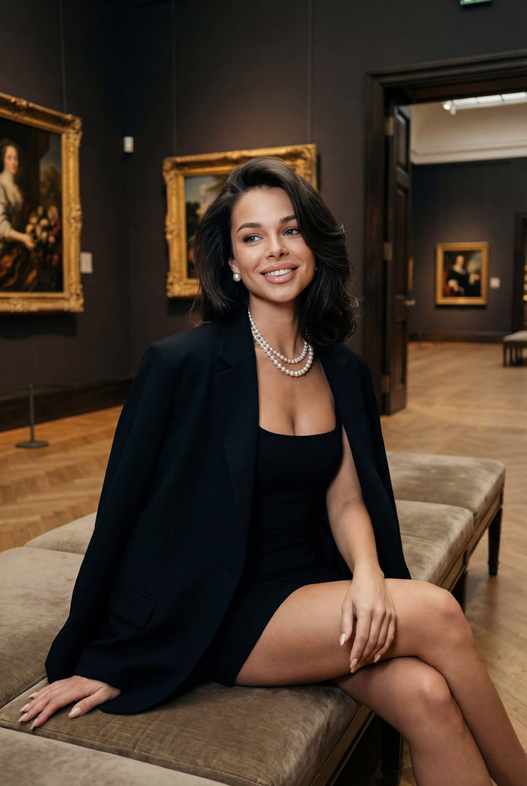 A photorealistic portrait of a woman sitting on a museum bench, looking relaxed with a slight smile and styled hair.