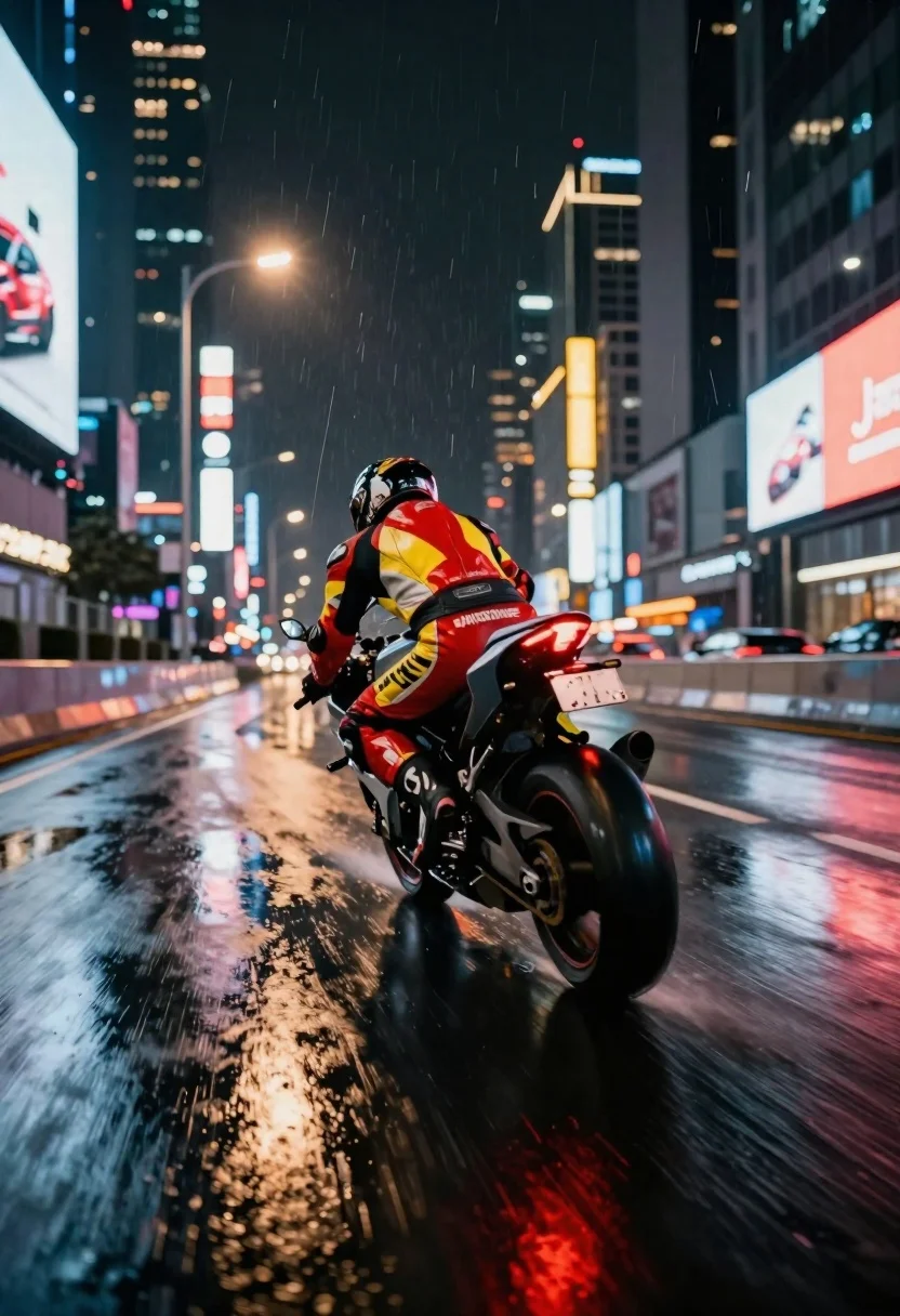 Digital Art Scene Lone Motorcyclist Racing Down Rain-slicked City Highway reference photo