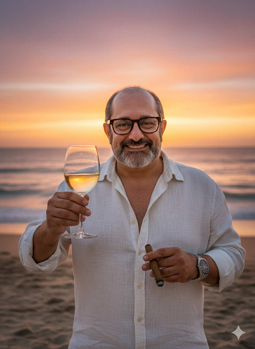 Homem feliz brindando com taça de vinho ao pôr do sol, vestido em linho cru.