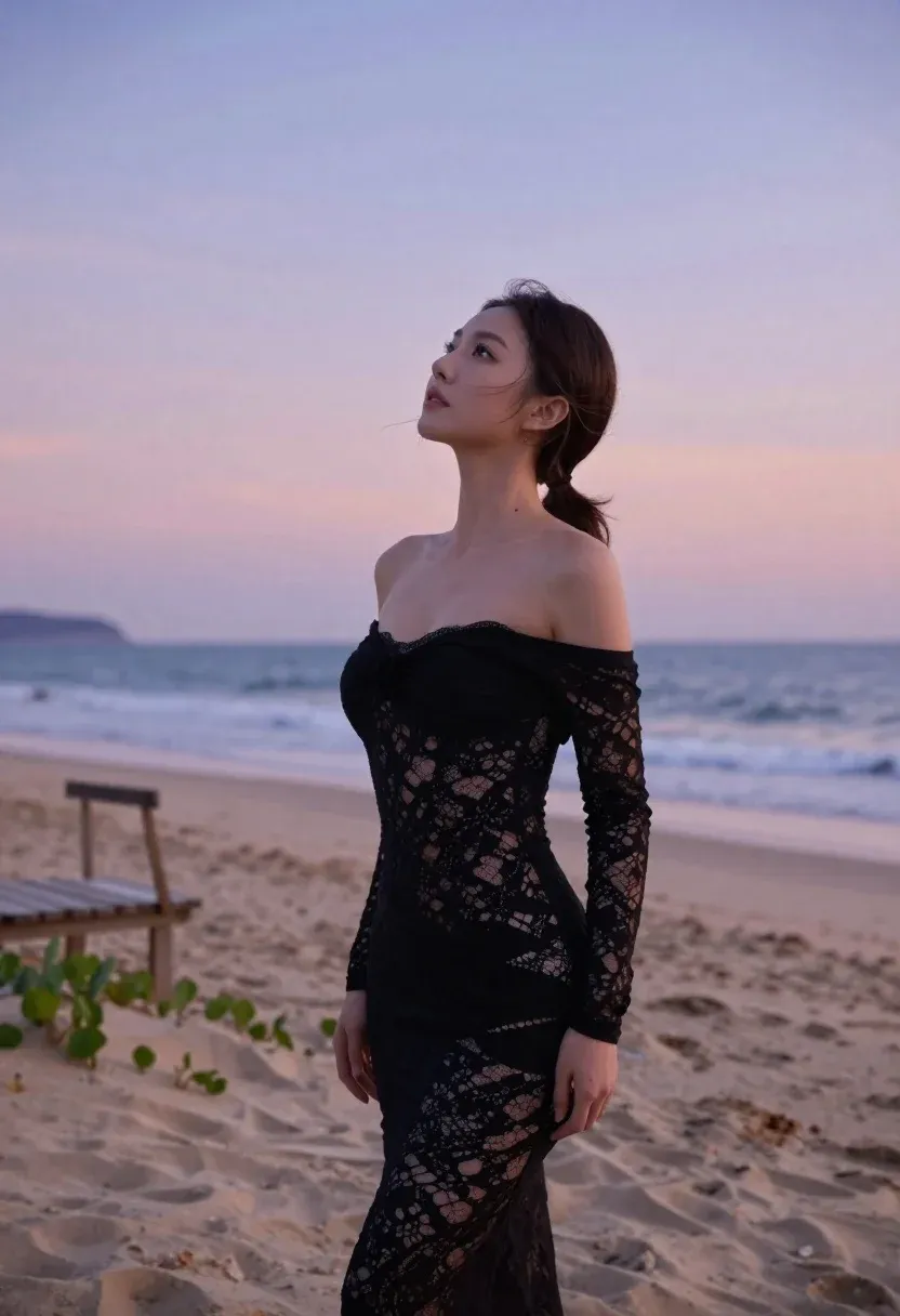 Woman Stands Sandy Beach Looking Upward The Sky During Twilight