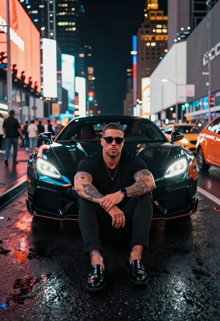 Nighttime Urban Street Photography Muscular Man Sitting Wet Asphalt Front