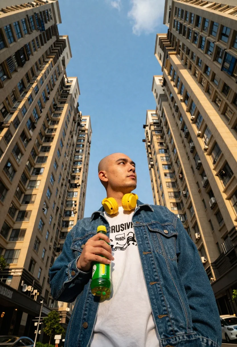 Upward-looking Urban Portrait Young Man Standing Between Towering Apartment Buildings reference photo