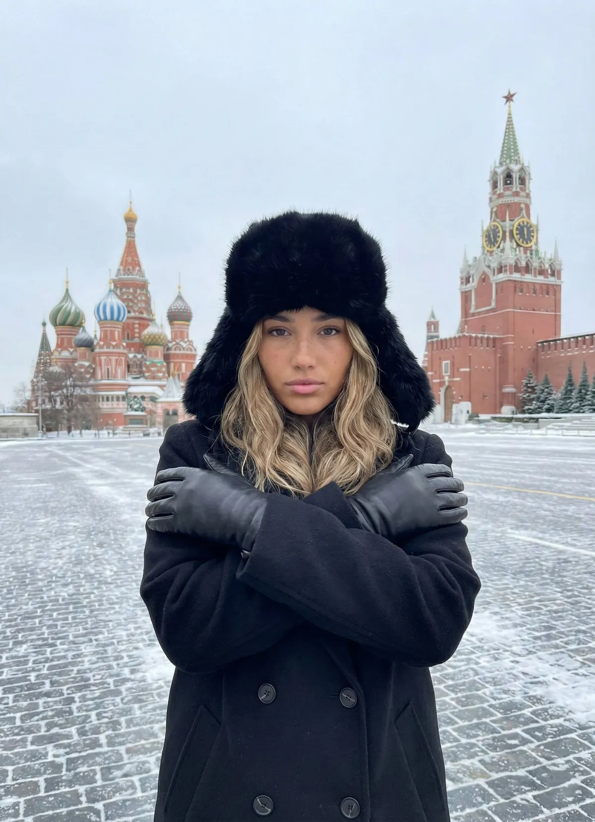 Adult In Black Ushanka And Pea Coat Standing