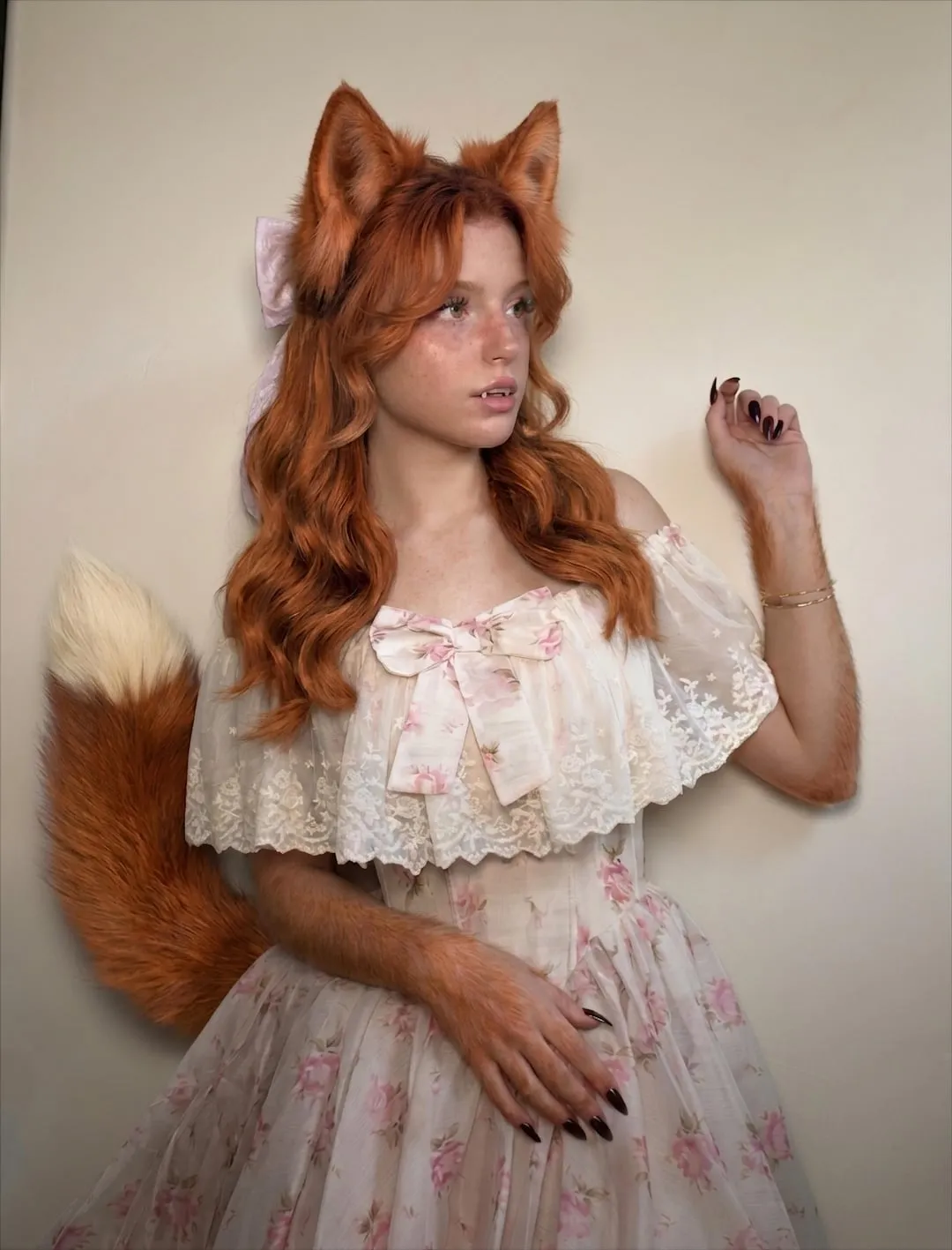Fox Human Hybrid Cream Floral Dress Fluffy Tail