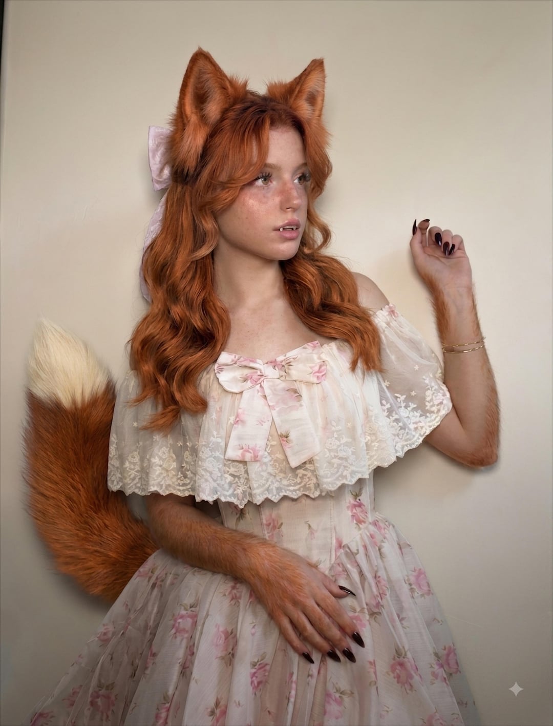 Fox Human Hybrid Cream Floral Dress Fluffy Tail