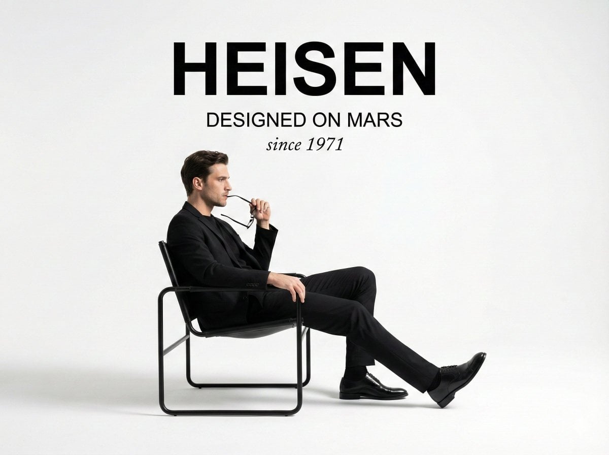 A man in a black suit and t-shirt sits in a modern chair in a white studio, holding glasses, with diffused lighting.