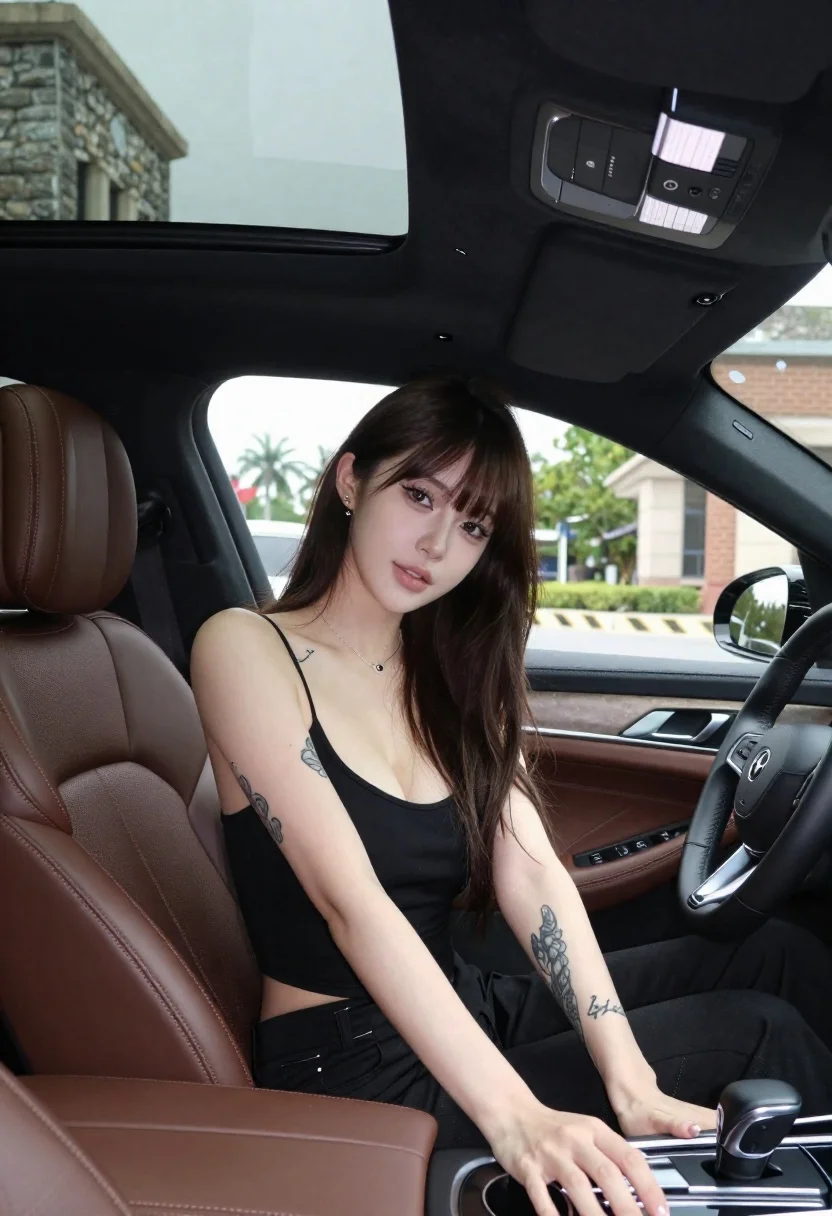Young Woman With Long Dark Hair Sits The Driver Seat reference photo