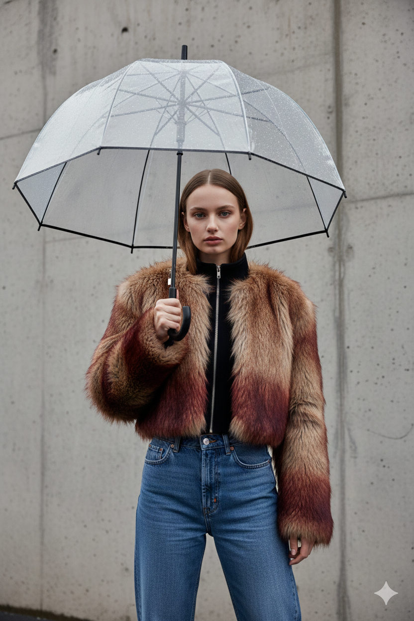 A woman with a composed expression in a cropped faux fur jacket against a gray concrete wall, holding a transparent dome umbrella.