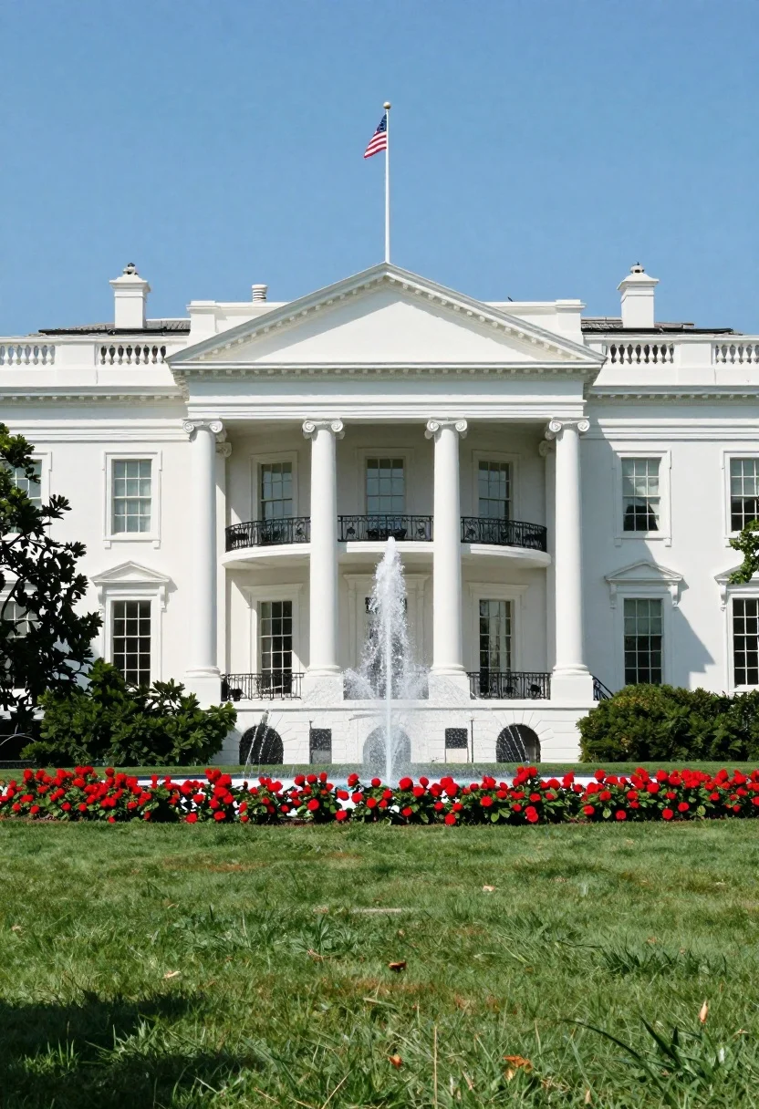 A majestic white neoclassical building with grand portico and tall columns set against a blue sky.