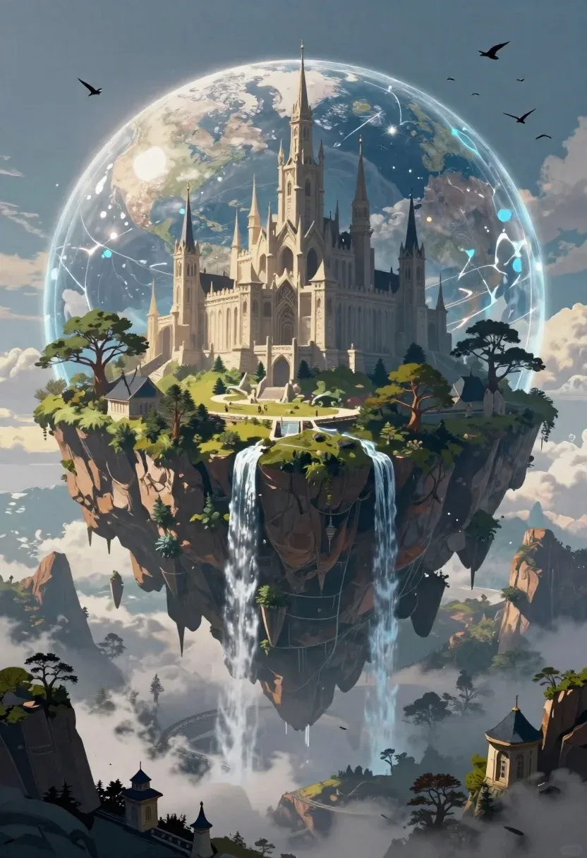 Digital Painting Surreal Fantasy Landscape Featuring Massive Floating Island Encased