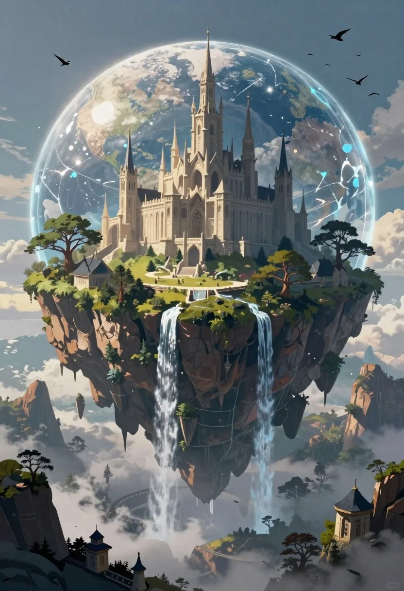 Digital Painting Surreal Fantasy Landscape Featuring Massive Floating Island Encased reference photo