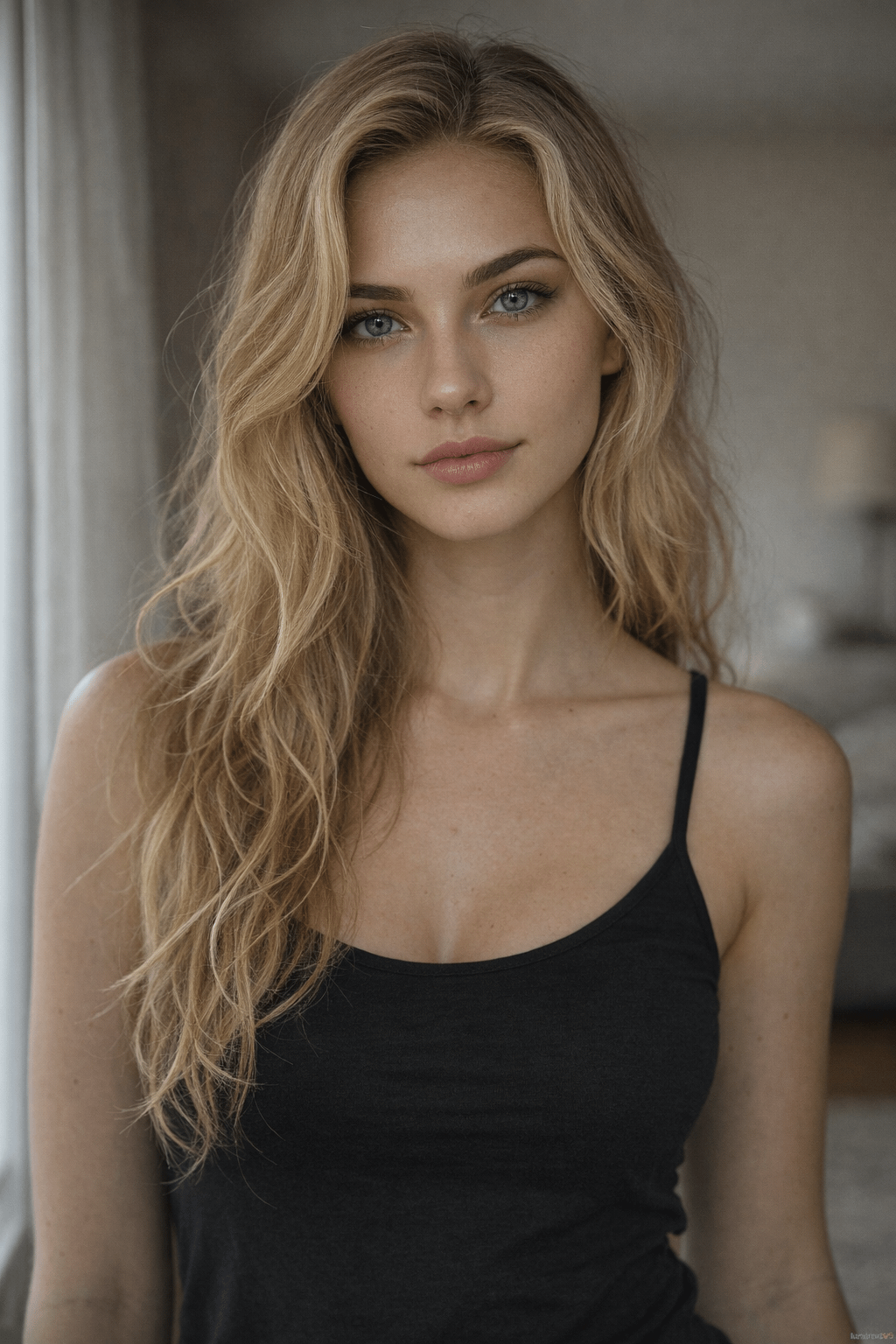 Wavy Hair Freckled Face Neutral Expression Soft Lighting